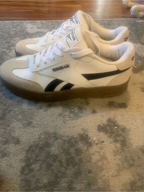 Reebok White and Black Low-Profile Sneakers with Gum Sole